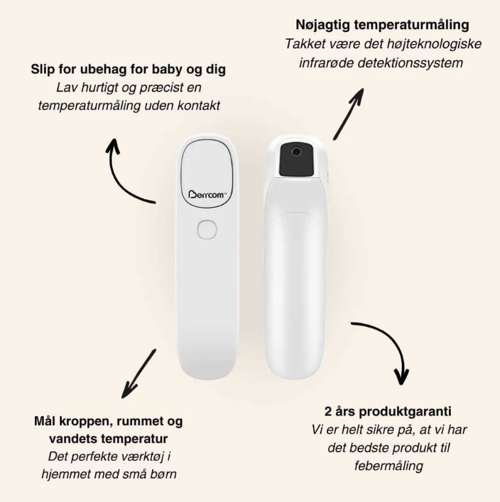 Produktet laver en hurtig og præcis temperaturmåling uden kontakt. Takket være det højteknologiske infrarøde detektionssystem får man en nøjagtig temperaturmåling. Der er 2 år produktgaranti for at vi er sikre på at, vi har det bedste produkt til febermåling. Med pandetermometeret kan man måle kroppen, rummet og vandet temperatur, alt i alt er det det perfekte værktøj i hjemmet med små børn.