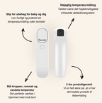Produktet laver en hurtig og præcis temperaturmåling uden kontakt. Takket være det højteknologiske infrarøde detektionssystem får man en nøjagtig temperaturmåling. Der er 2 år produktgaranti for at vi er sikre på at, vi har det bedste produkt til febermåling. Med pandetermometeret kan man måle kroppen, rummet og vandet temperatur, alt i alt er det det perfekte værktøj i hjemmet med små børn.
